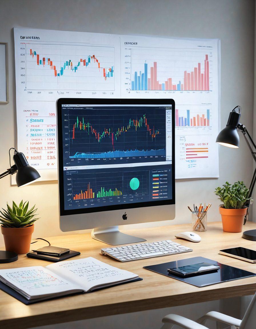 A modern workspace with a computer displaying financial graphs and digital currency icons, surrounded by budgeting tools like calculators and notebooks. A person enthusiastically engages with online income concepts, with lightbulbs symbolizing ideas floating above. The atmosphere is vibrant and inspiring, reflecting motivation and resourcefulness. super-realistic. vibrant colors. white background.