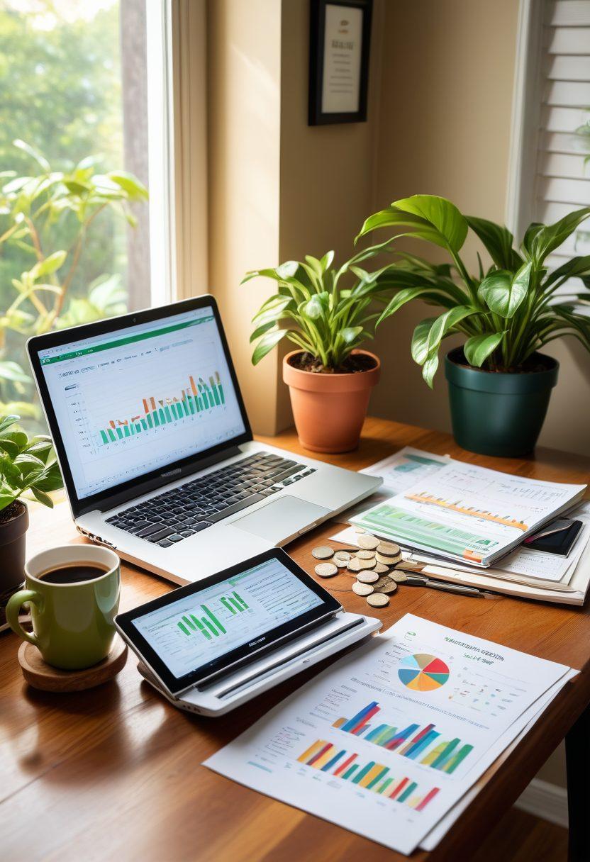 A cozy home office setting with a stylish desk, a laptop open displaying finance charts and graphs, stacks of cash and coins beside a potted plant, soft afternoon light streaming through the window. Include a coffee cup with a 'Great Ideas' quote. super-realistic. vibrant colors. warm lighting.